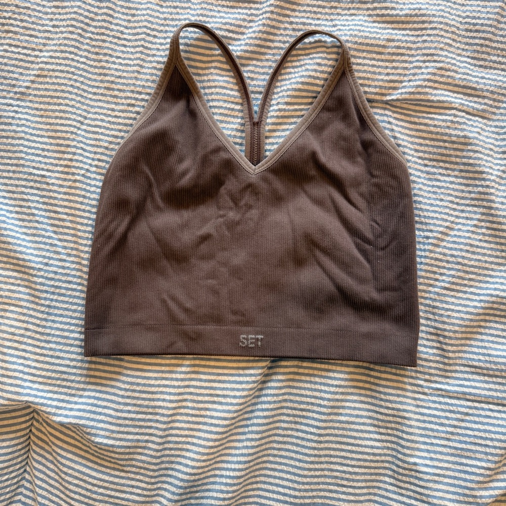 SET Ribbed V-Neck Bralette in Purpleish Chocolate Brown